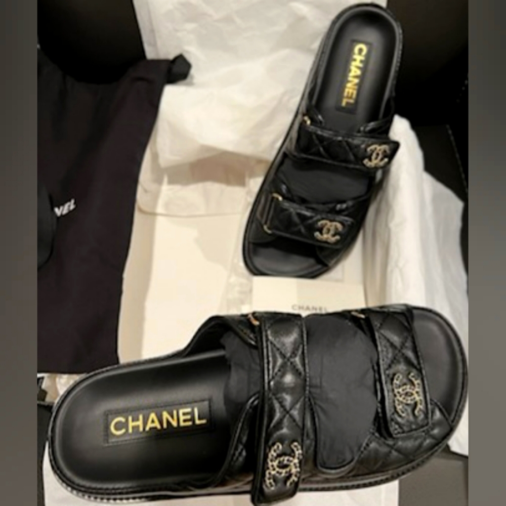 Chanel Black Quilted Slide Sandals